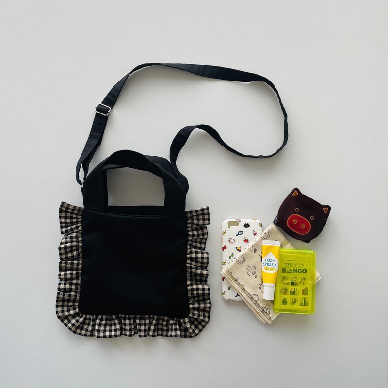2way frill shoulder pouch like a square cushion SS size black gingham check - 手提包/手提袋 - 棉．麻 黑色