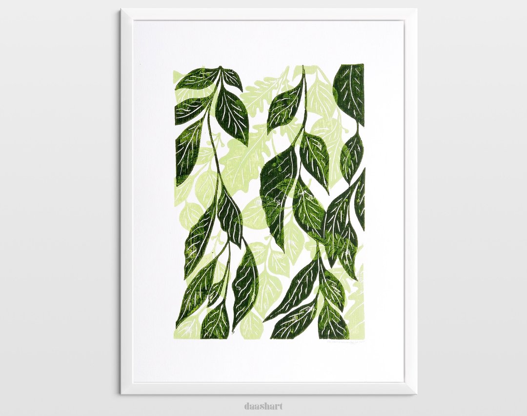Modern poster Linocut print Green leaves art Original artwork Botanical wall art - 海报/装饰画/版画 - 纸 绿色