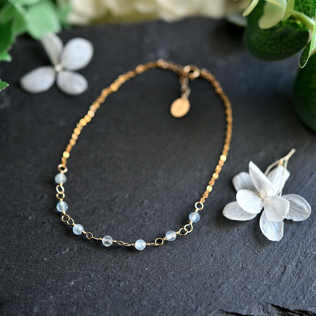 Build a happy family, angel Stone aquamarine anklet March birthstone B type - 脚链/脚环 - 宝石 蓝色