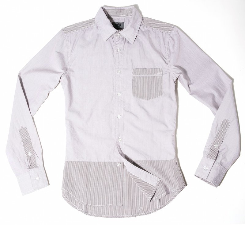 条纹 拼接 咖啡色 长袖衬衫 - 男装衬衫 - 棉．麻 