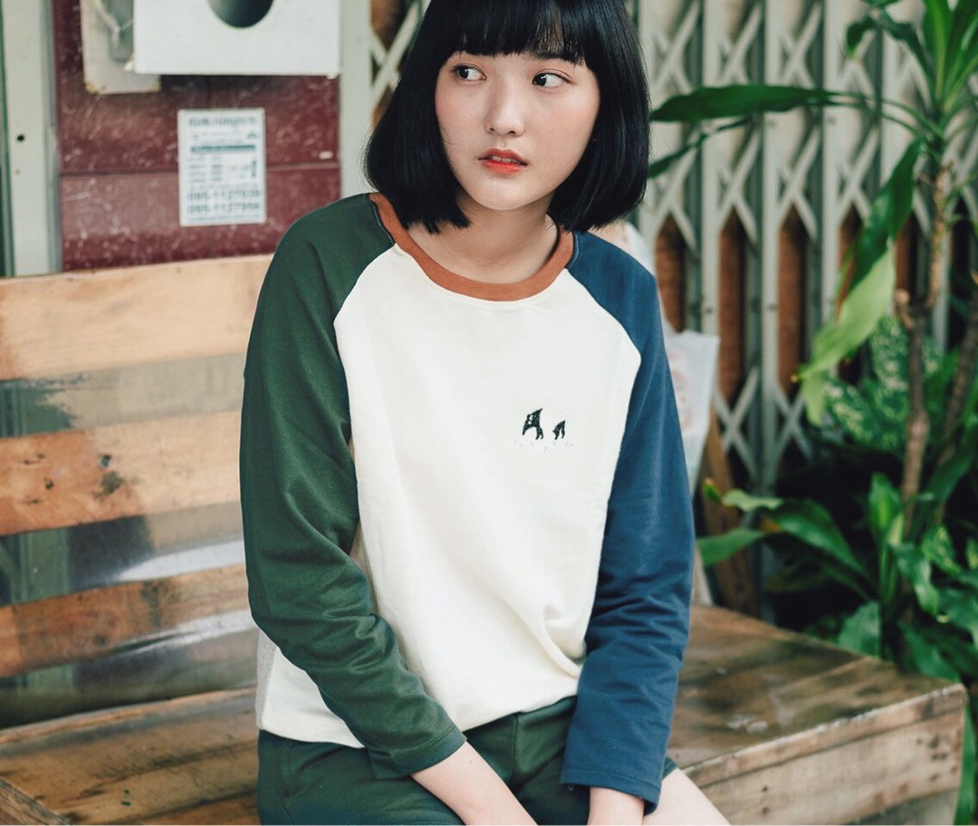 Tapir Embroidery : Long sleeve Shirt / Dark Green and Dark Blue Sleeves - 女装 T 恤 - 棉 多色