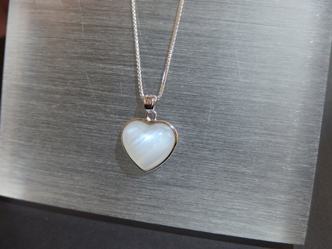 天然蓝月光石心形纯银吊坠  Moonstone Silver Pendant - 项链 - 宝石 白色