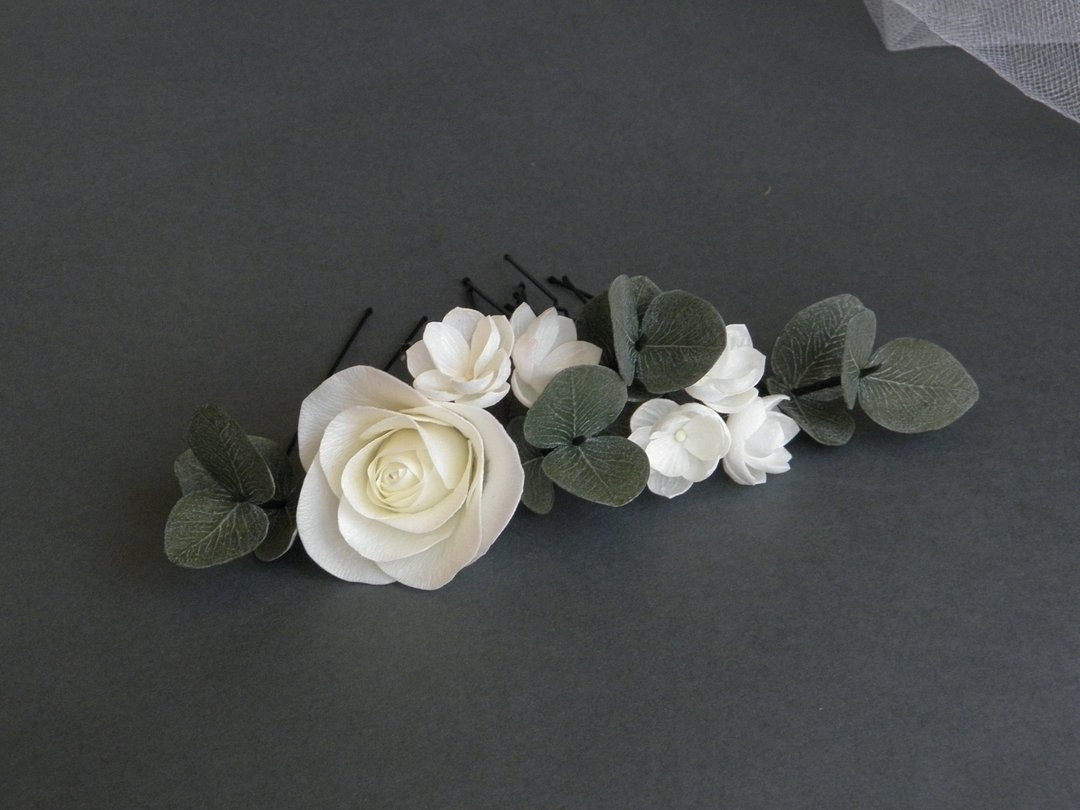 Floral bridal hair pins ivory Eucalyptus wedding hair piece Flowers hair pins fo - 发饰 - 其他材质 白色