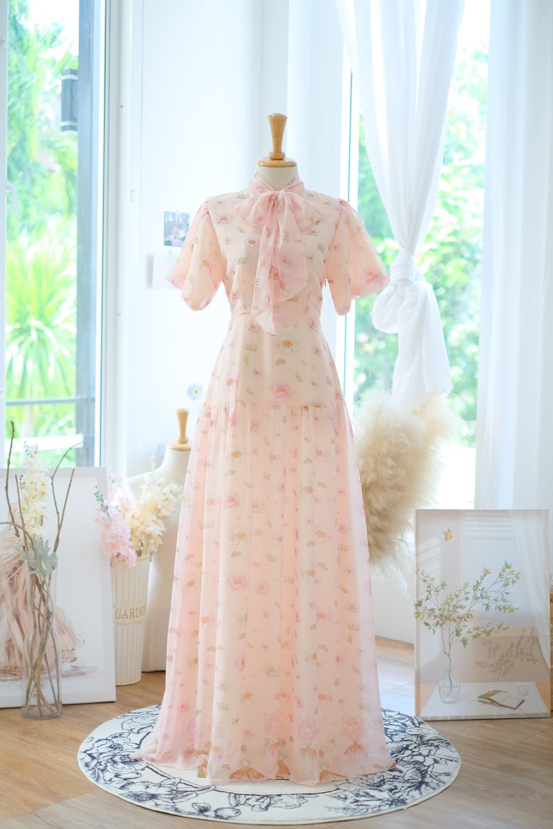 长洋装 泡泡袖 伴娘服 复古洋装 - 洋装/连衣裙 - 聚酯纤维 粉红色