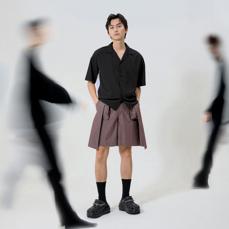 层次翻片短裤 - 中性裤装 - 棉．麻 紫色