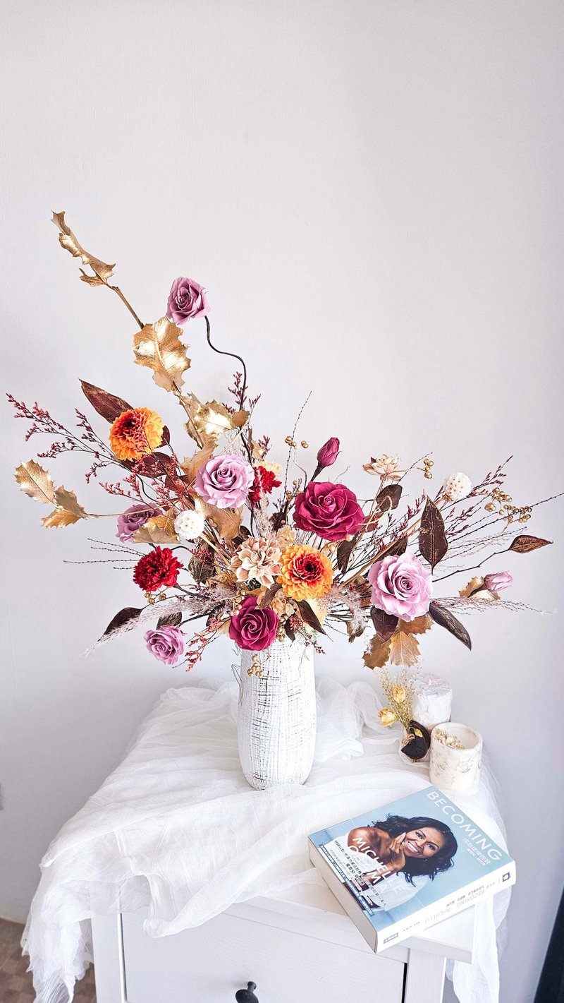 【日本永生花】大型不凋桌花盆栽 永生大理花  玫瑰 新居落成 - 干燥花/捧花 - 植物．花 