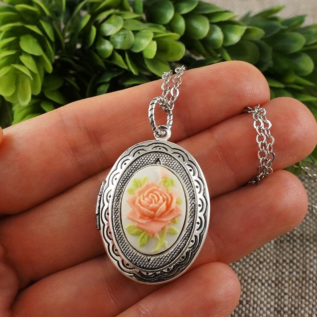 Pink Rose Cameo Silver Oval Photo Locket Floral Pendant Necklace Woman Jewelry - 项链 - 其他材质 粉红色