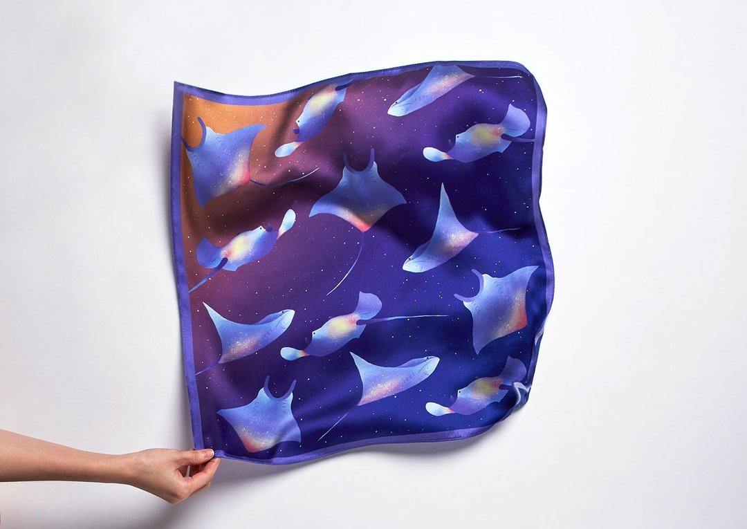 Ocean Silk Satin Scarf (Rays), Pure Silk Satin, Square Scarf - 丝巾 - 丝．绢 蓝色