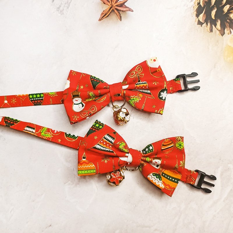 圣诞铃铛款 蝴蝶结宠物装饰项圈 猫咪 小型犬 迷你犬 - 项圈/牵绳 - 棉．麻 红色