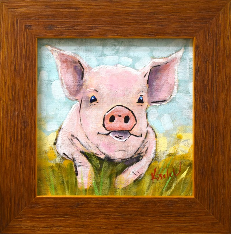 粉红猪油画原作 – 木框迷你画作 - 摆饰 - 其他材质 