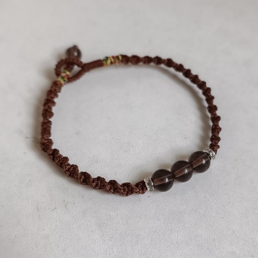 极简晶石系 茶晶三石手环 蜡线花式平结 扣珠款 - 手链/手环 - 其他材质 