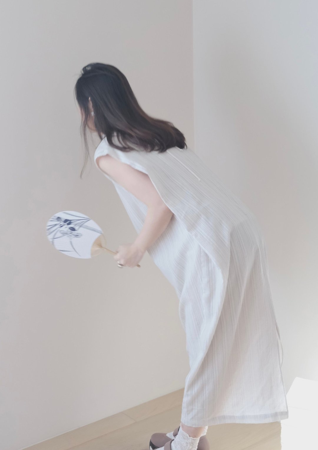 条纹立体剪裁无袖洋装 - 洋装/连衣裙 - 棉 灰色
