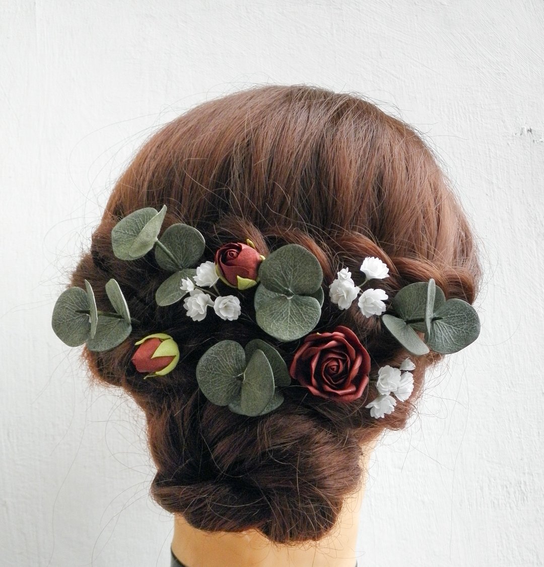 Burgundy flowers wedding hair pins Brial hair piece Floral hair clip bride - 发饰 - 其他材质 红色