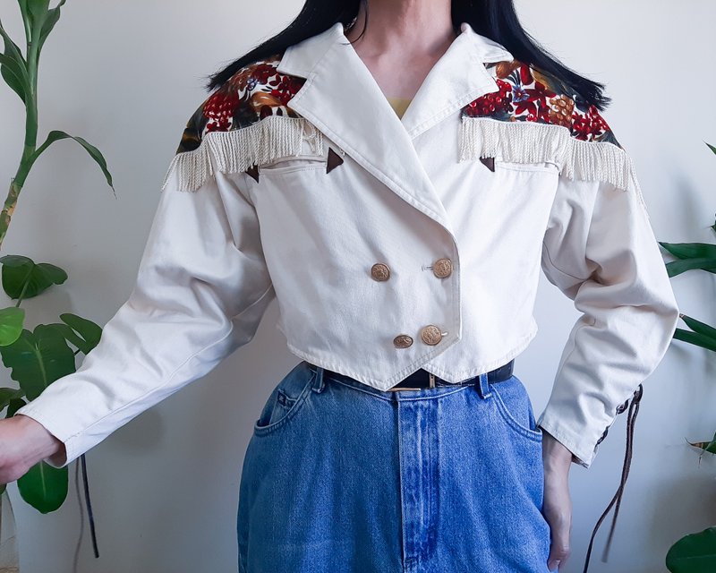 复古棉质灯芯绒短款夹克 水果印花短款夹克 中号 - 女装休闲/机能外套 - 棉．麻 卡其色