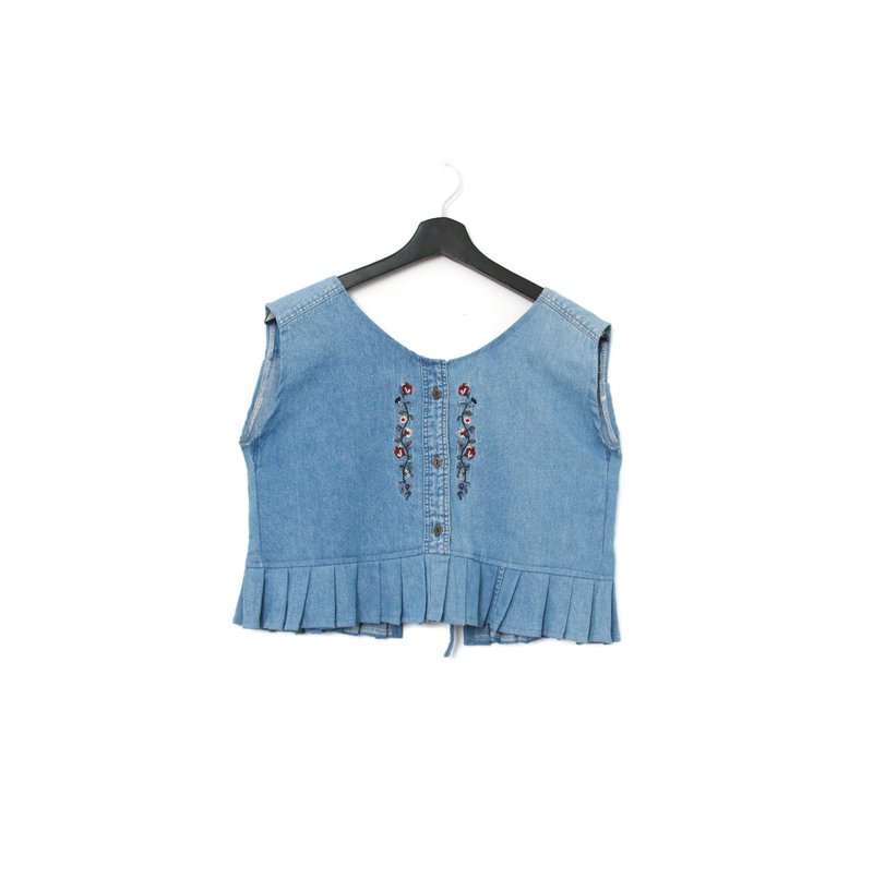Back to Green-丹宁刺绣背心 红色小花藤 dv-15 //vintage vest - 女装背心 - 棉．麻 