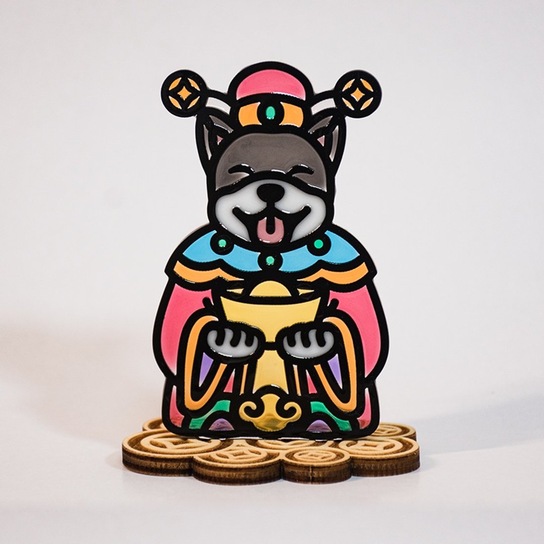 招财犬 财神 (笑笑唐狗) 金钱币木座 树脂摆件 花窗玻璃 台座 - 摆饰 - 树脂 多色
