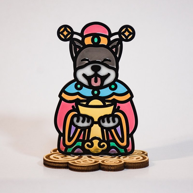 招财犬 财神 (笑笑唐狗) 金钱币木座 树脂摆件 花窗玻璃 台座 - 摆饰 - 树脂 多色