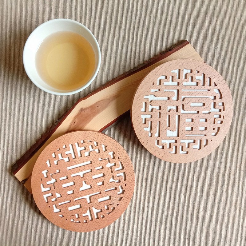 双喜临门 双层杯垫、隔热垫 - 圭藻土与原木材质 - 杯垫 - 木头 咖啡色