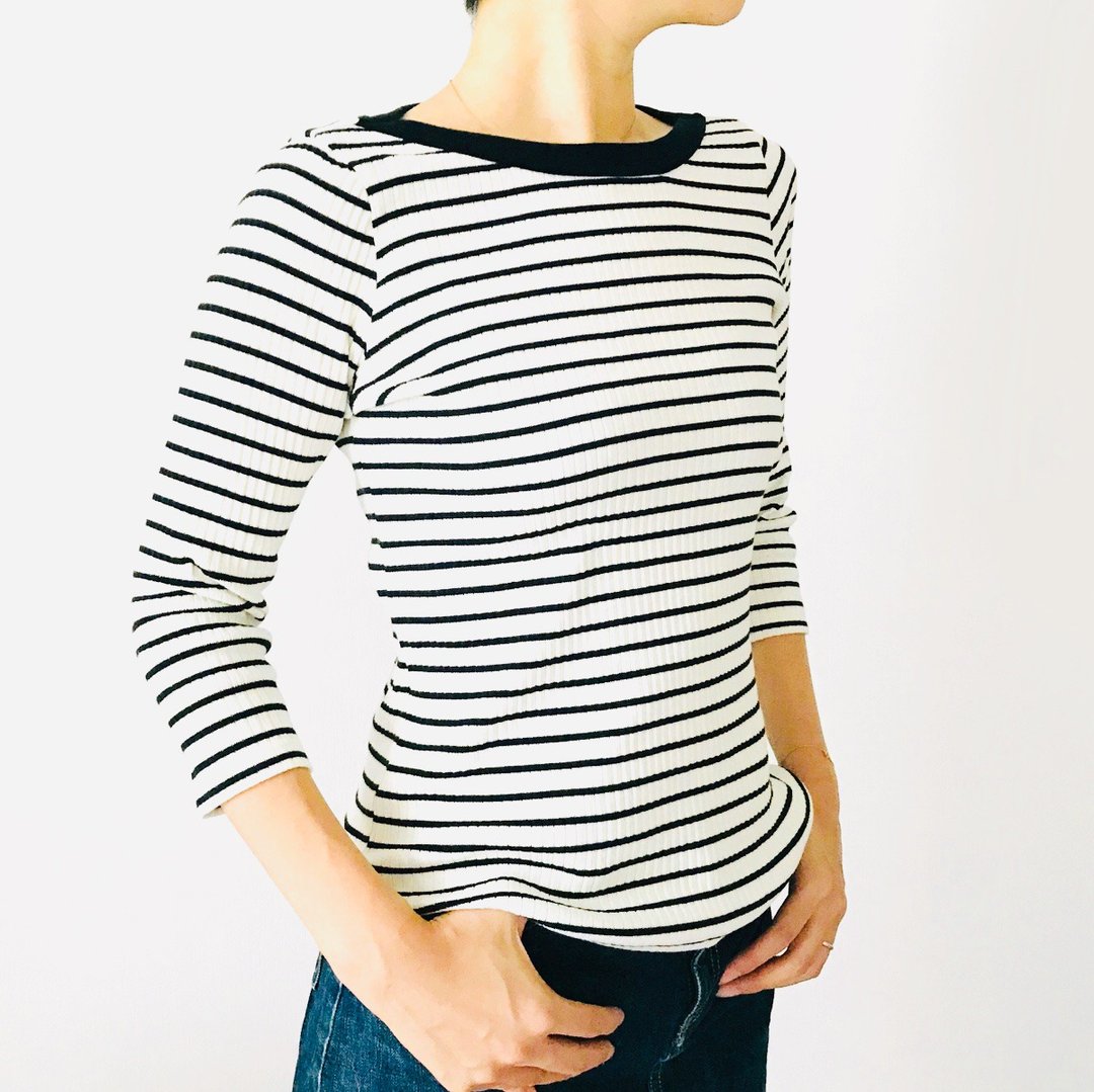 Adult-shaped rib border boat neck cut-and-sew 【Long sleeve or 7 minute sleeve】 - 女装上衣 - 棉．麻 白色