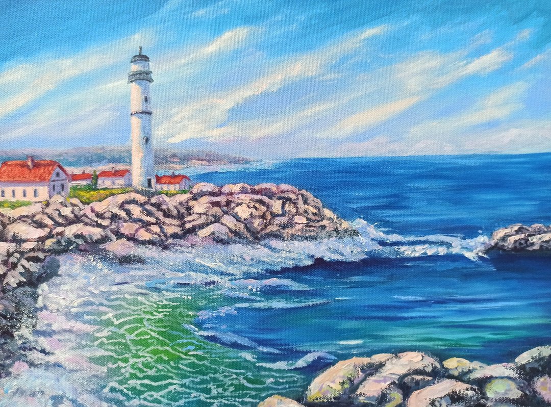 灯塔油画，画布拉伸，30x40cm，海景，原创艺术品 - 墙贴/壁贴 - 其他材质 多色