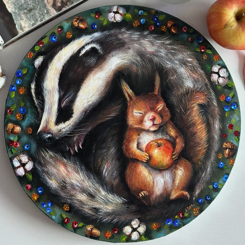 獾과 다람쥐 캔버스 그림, 동물 벽 예술, 동물 예술 장식, 숲 - 墙贴/壁贴 - 棉．麻 多色