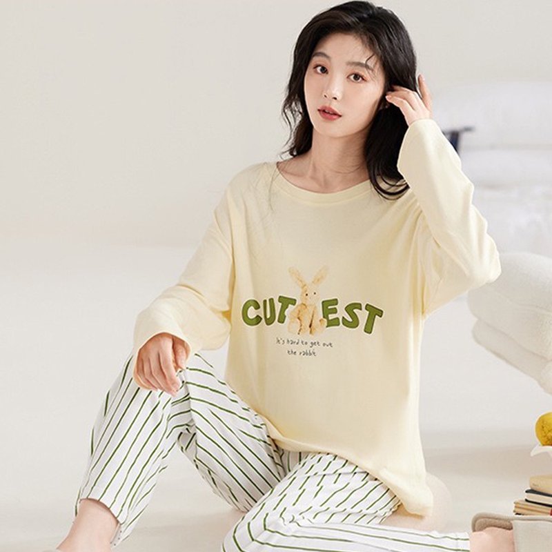 Pink Lady 罩杯式 奶油兔宝 印花宽版 秋冬长袖成套睡衣 居家服 - 居家服/睡衣 - 其他人造纤维 黄色