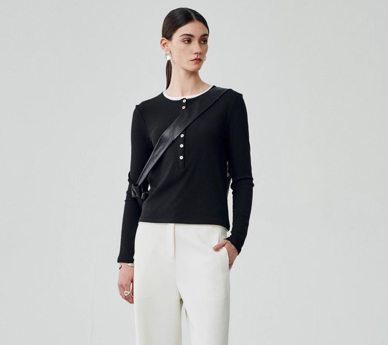 【桑蚕丝】法式簡約/螺纹亨利领打底衫 - 女装上衣 - 丝．绢 黑色