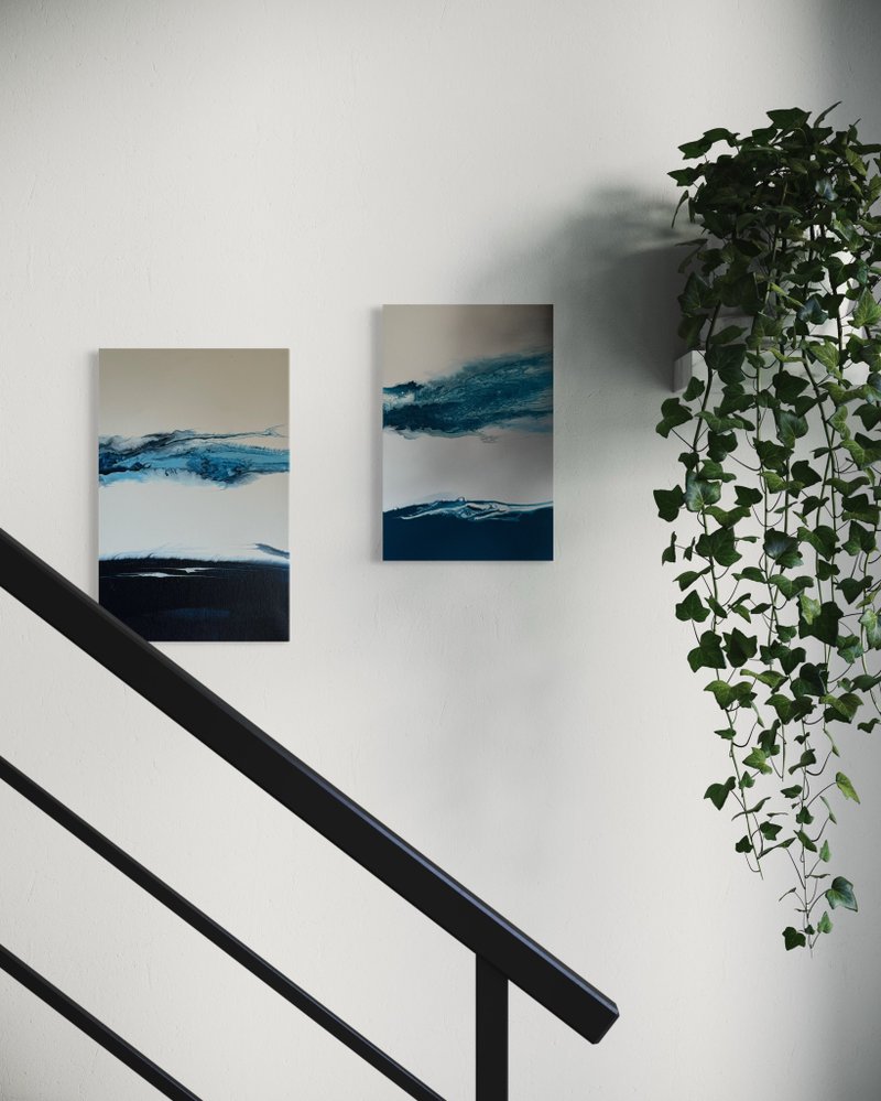 流体艺术 • 摆布画作 • 抽象原创丙烯酸画摆布画作2x (20x30cm) - 海报/装饰画/版画 - 棉．麻 蓝色