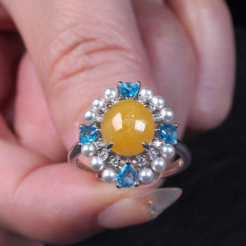 黄翡翡翠蛋面戒指 925纯银 | 天然缅甸玉翡翠A货 | 送礼 - 戒指 - 玉石 橘色