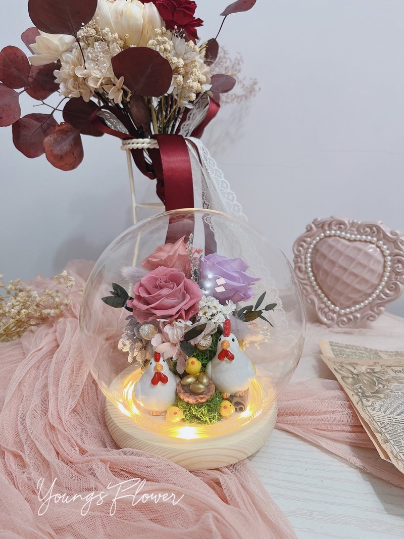 永生花带路鸡夜灯 莓果粉紫色 - 干燥花/捧花 - 玻璃 紫色