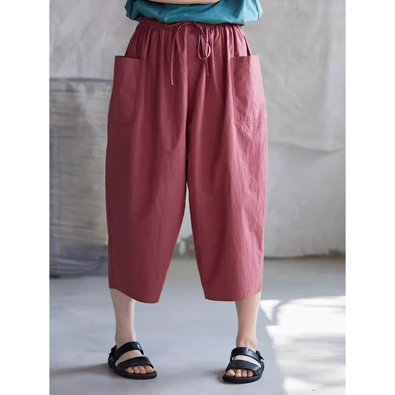 皮粉色纯棉松紧腰休闲西瓜裤 - 女装长裤 - 棉．麻 