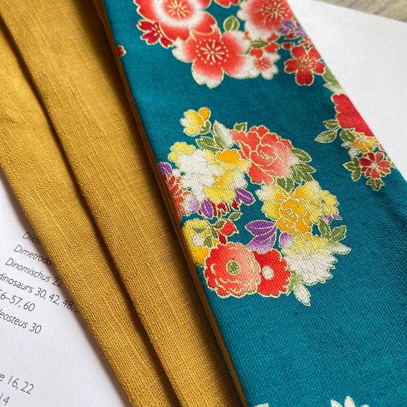 孔雀蓝烫金花卉 绑式发带 - 发带/发箍 - 棉．麻 蓝色