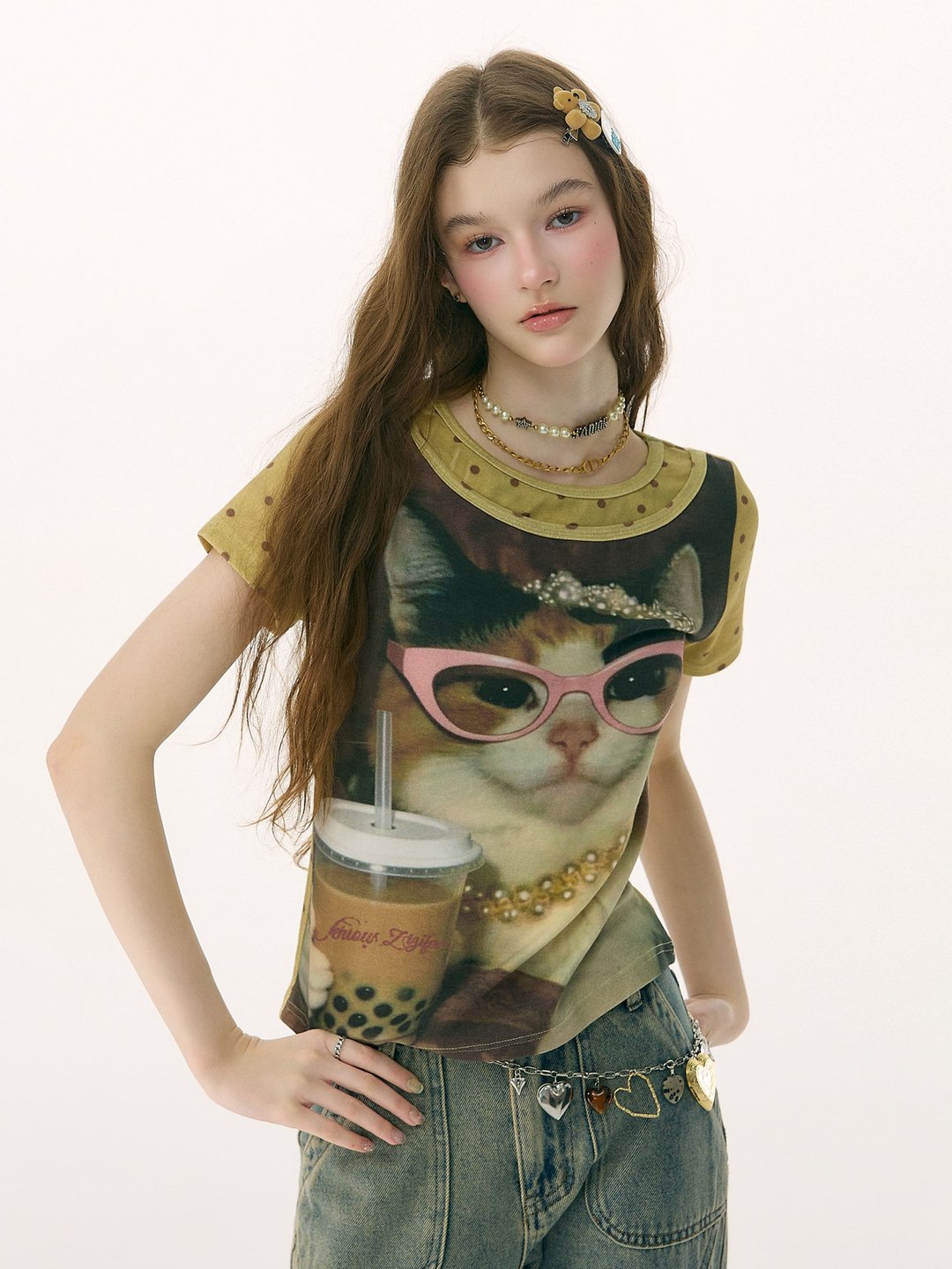 ziziFei''复古猫刊''夏美式复古做旧猫咪印花黄色圆领短袖t恤女 - 女装 T 恤 - 其他材质 黄色