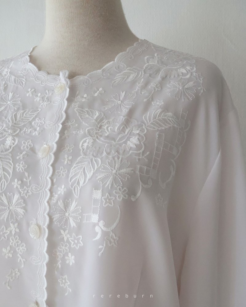 复古刺绣领宽松欧美版型长袖白色古着衬衫 - 女装衬衫 - 聚酯纤维 白色