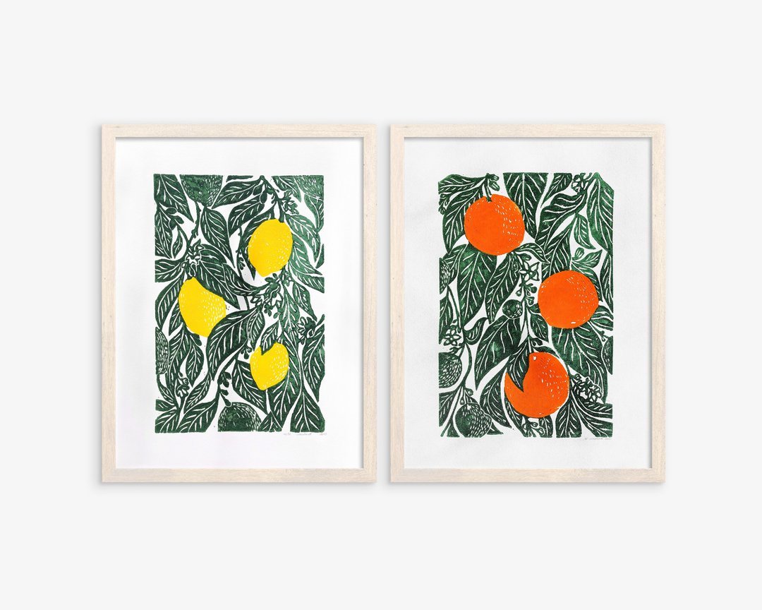 画廊墙面套装 2 件 Linocut 印花柳橙和柠檬墙艺术适用于农场厨房 - 海报/装饰画/版画 - 纸 绿色