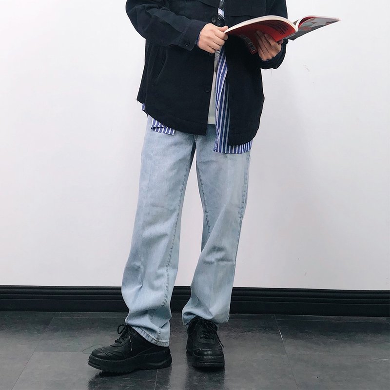 重度水洗做旧休闲直筒牛仔裤 - 男士长裤 - 棉．麻 