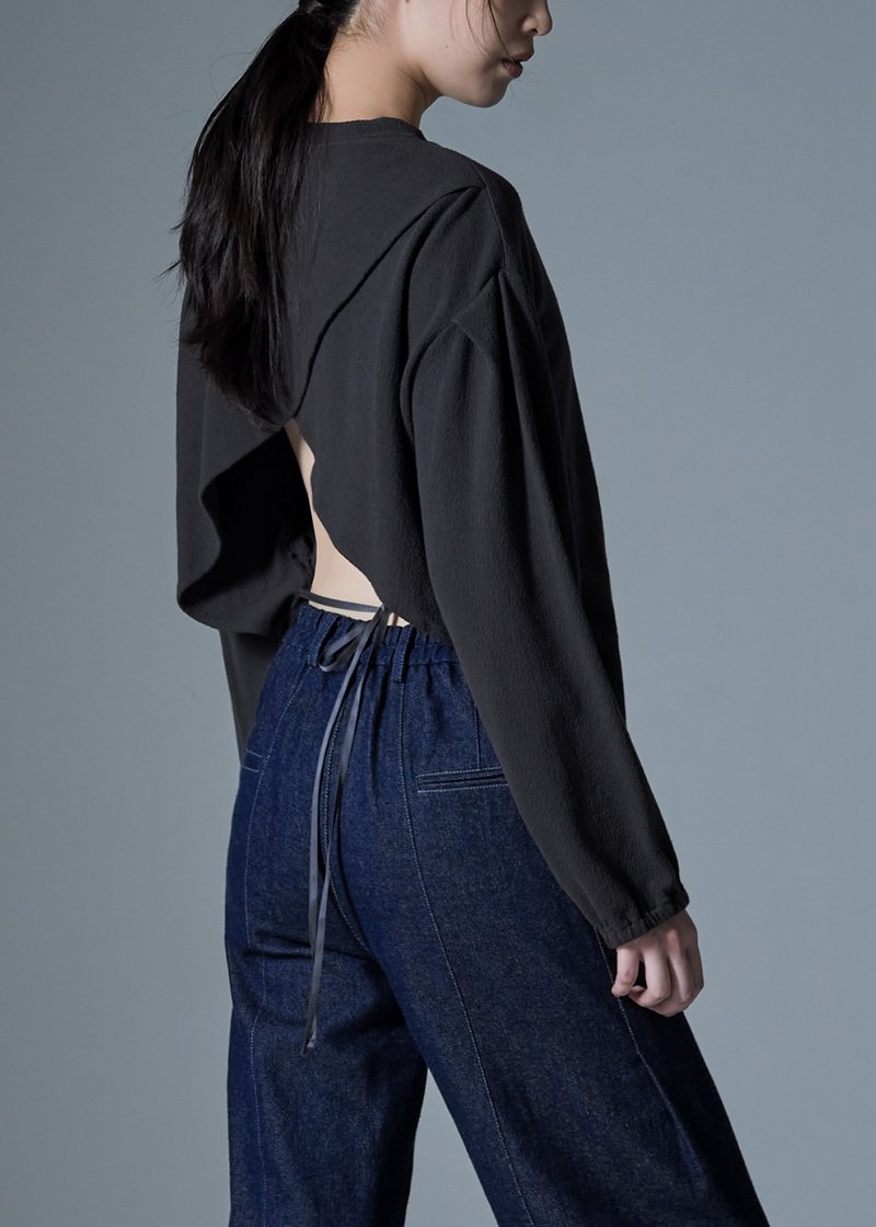 前长后短交叉绑带上衣 - 女装上衣 - 棉．麻 灰色
