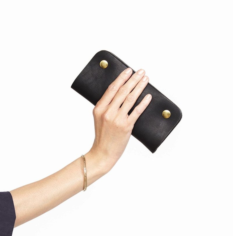 真皮钉扣长夹 - 植鞣皮件 - 黑色 - 皮夹/钱包 - 真皮 黑色