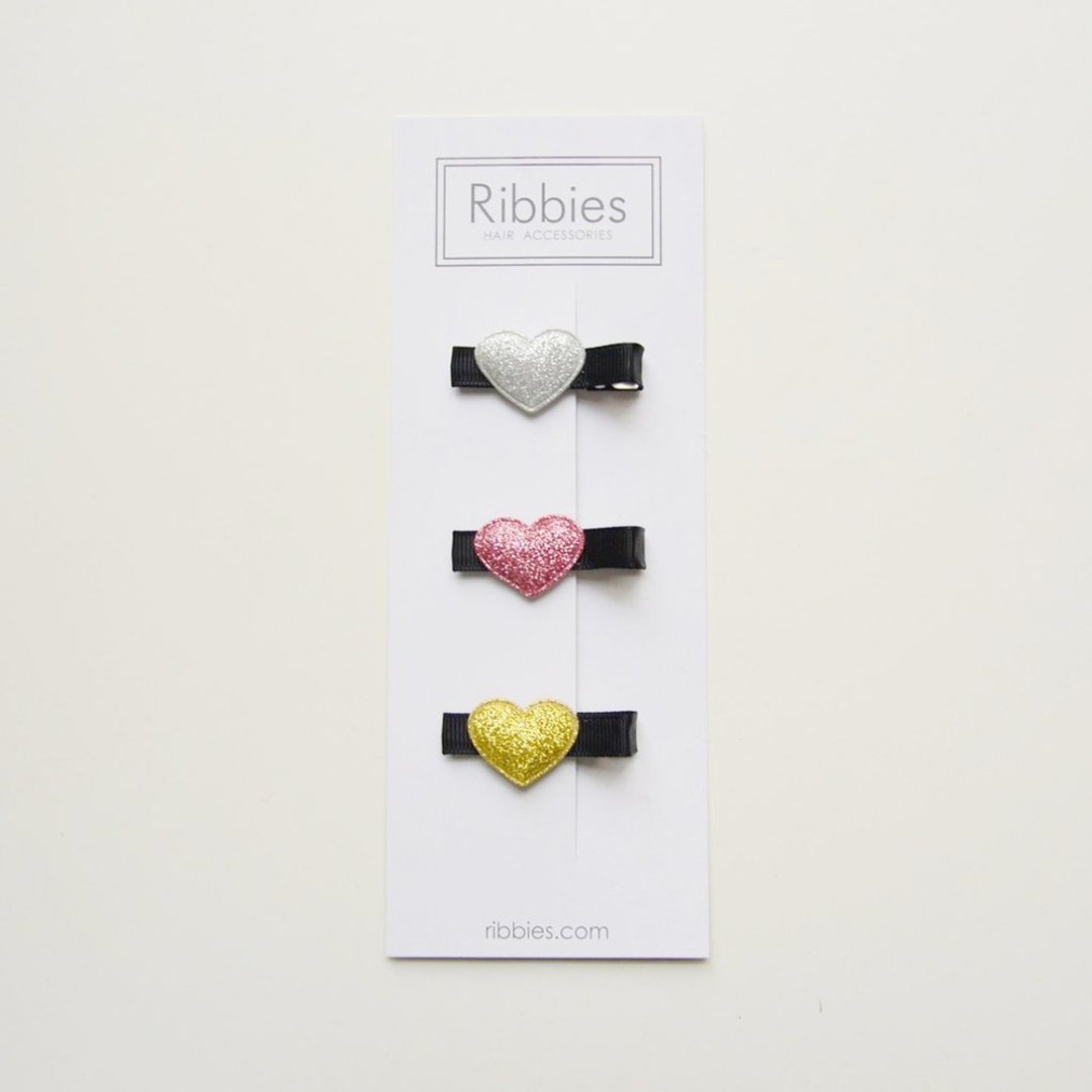 英国Ribbies 闪亮/粉红/金爱心3入组-黑底 - 发饰 - 聚酯纤维 