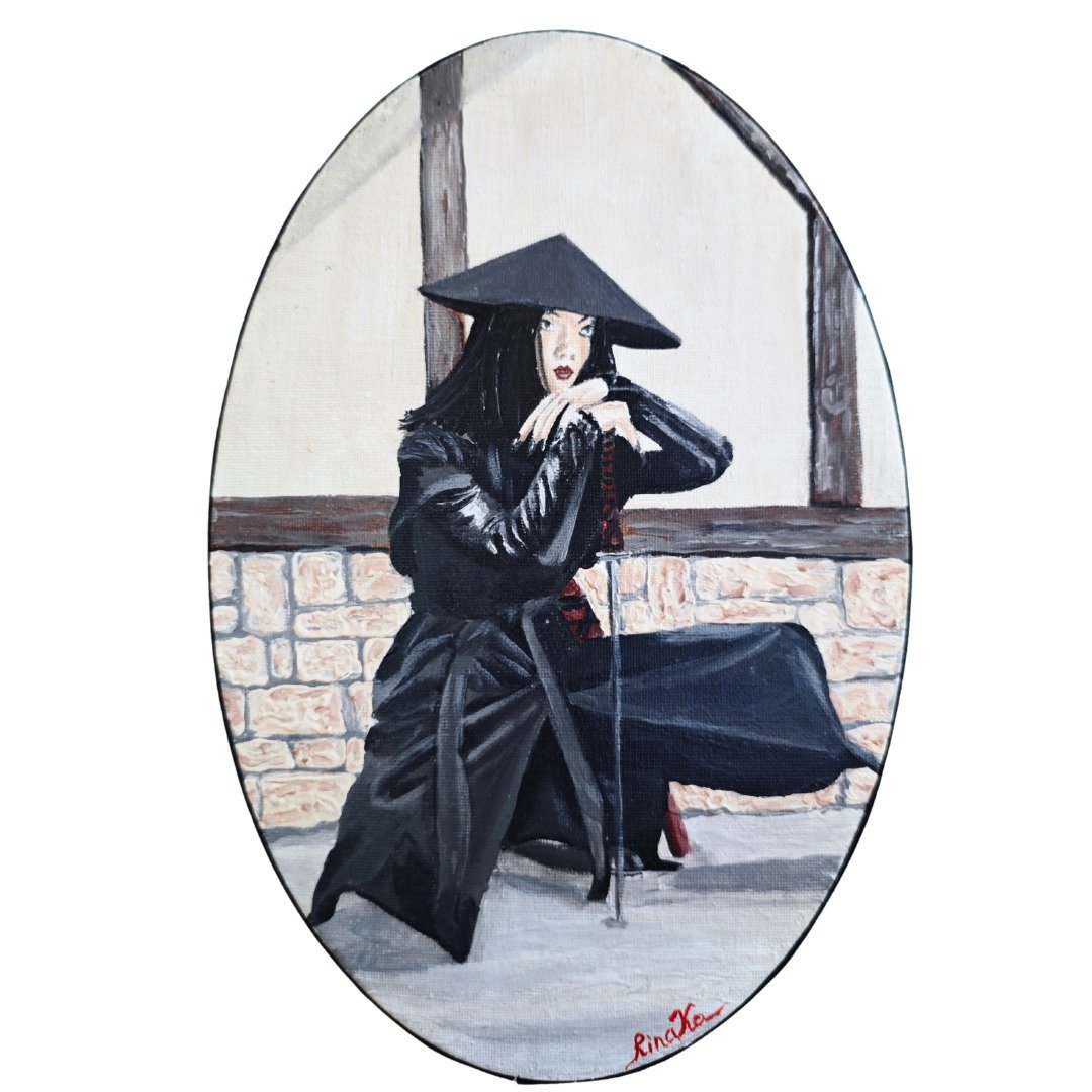 持剑亚洲女子原创椭圆形壁饰艺术作品 作者 RinaArtSK - 墙贴/壁贴 - 其他材质 黑色