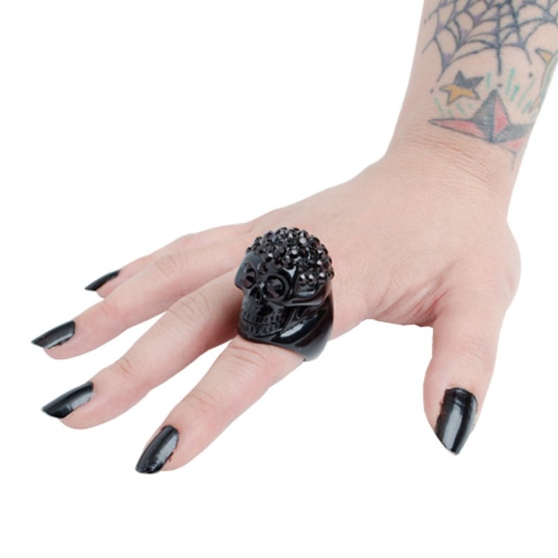 水钻骷髅戒指/黑/银/S号/M号/L号/hellcatpunks/rdsb - 戒指 - 塑料 黑色