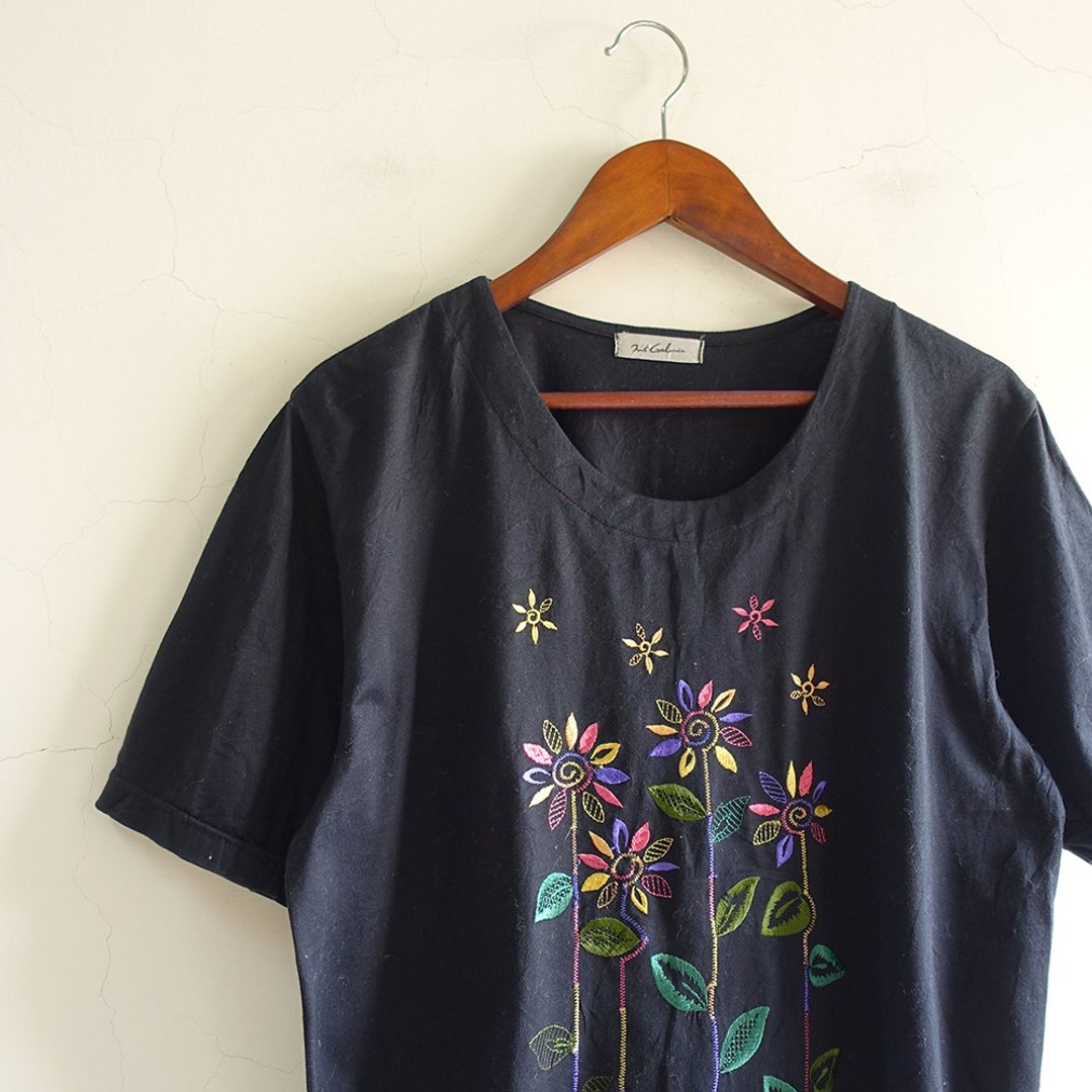 │Slowly│刺绣花/古着上衣/日本制 │vintage.复古.文艺 - 女装上衣 - 聚酯纤维 黑色