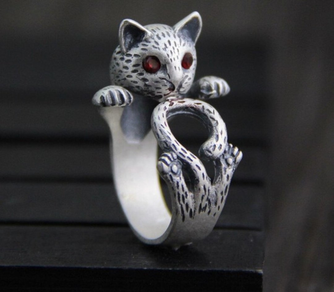 Real S 925 Sterling Silver Handmade Cat Finger Rings Opening Lovely Animal Open - 戒指 - 银 银色
