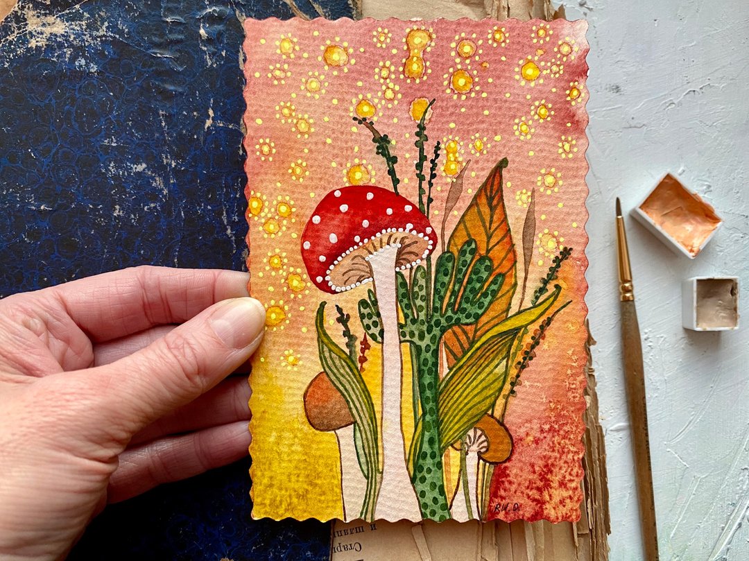 Mushroom painting Floral Original art Fly agaric watercolor Miniature artwork - 海报/装饰画/版画 - 纸 多色