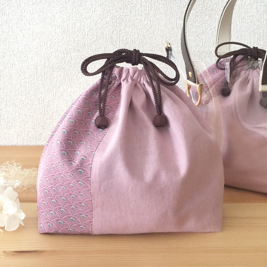 Drawstring Bag, Kimono and linen - Silk - for Clear Tote Bag - 化妆包/杂物包 - 棉 粉红色