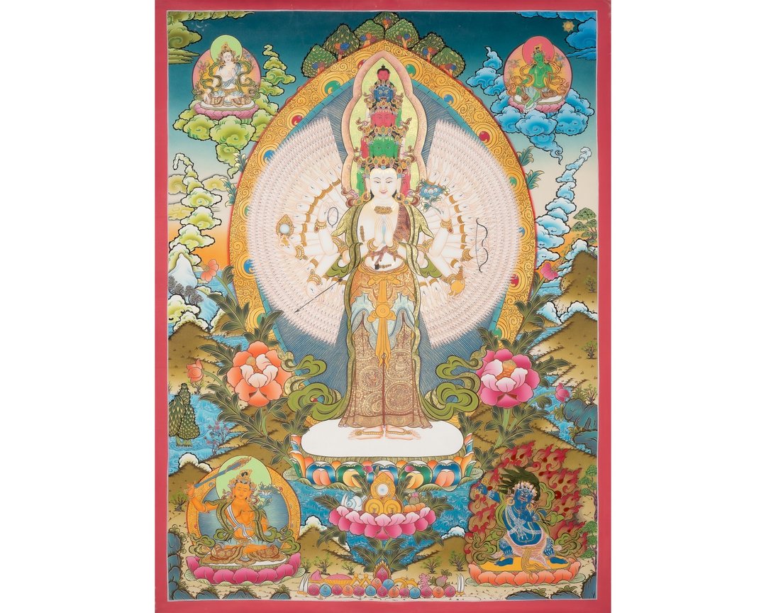 观音菩萨唐卡神圣慈悲的象征饰以24K金的手工艺术 - 墙贴/壁贴 - 其他材质 多色