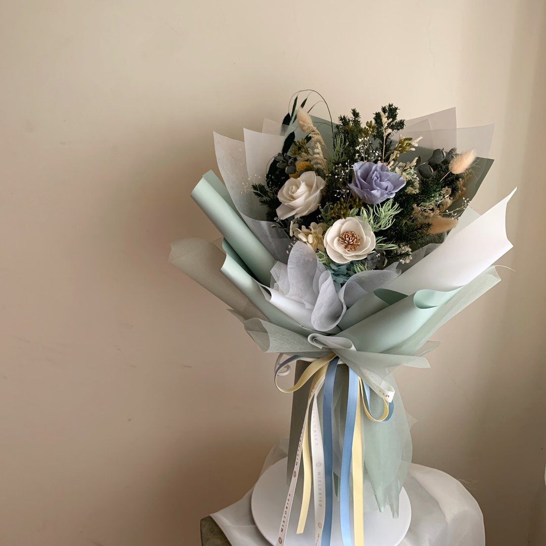 莫内花园 雾蓝绿色系永生花束 - 干燥花/捧花 - 植物．花 绿色