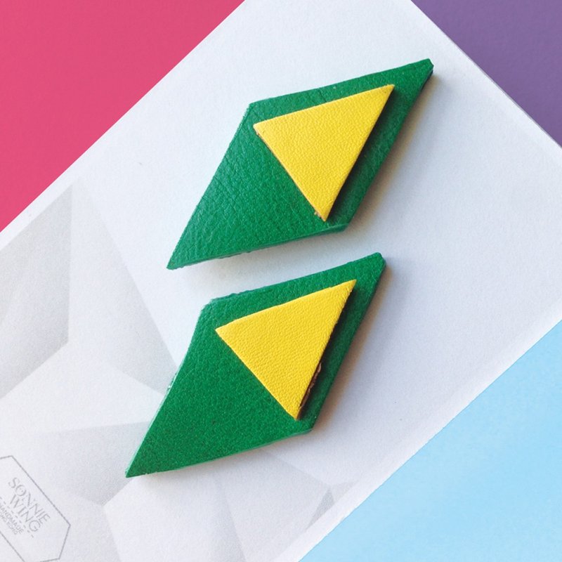 节日礼物 菱形玩味皮革耳环 925纯银耳托 - 耳环/耳夹 - 真皮 绿色