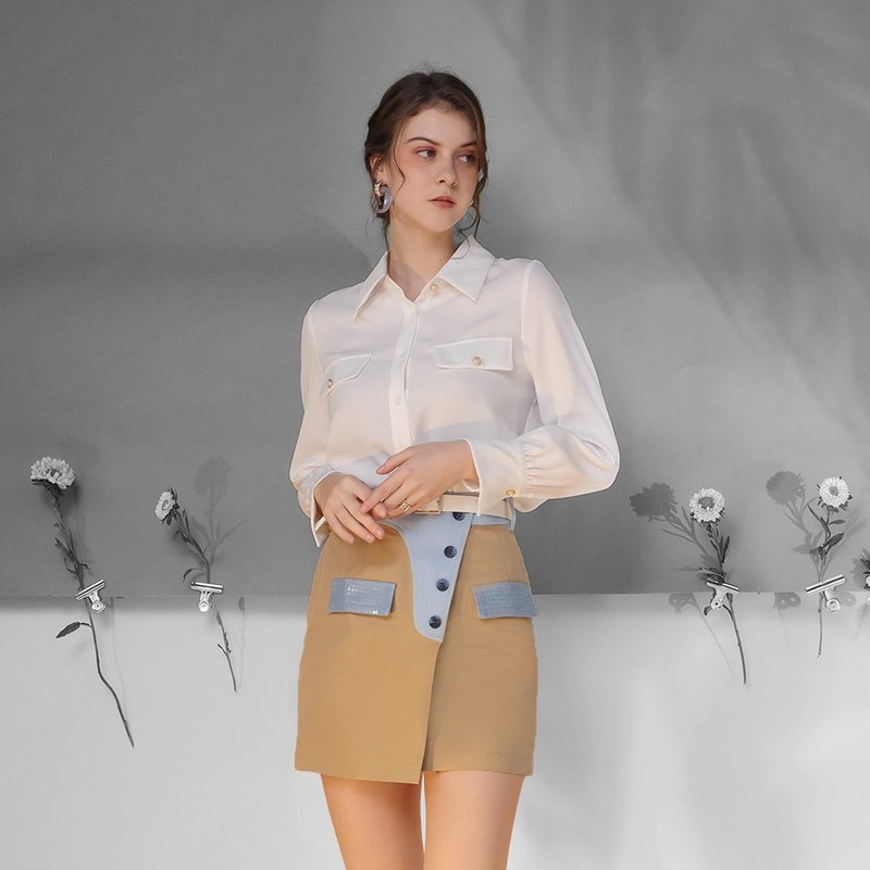 AVVJOY | 法式拼接設計短裙 - 裙子 - 其他材质 卡其色