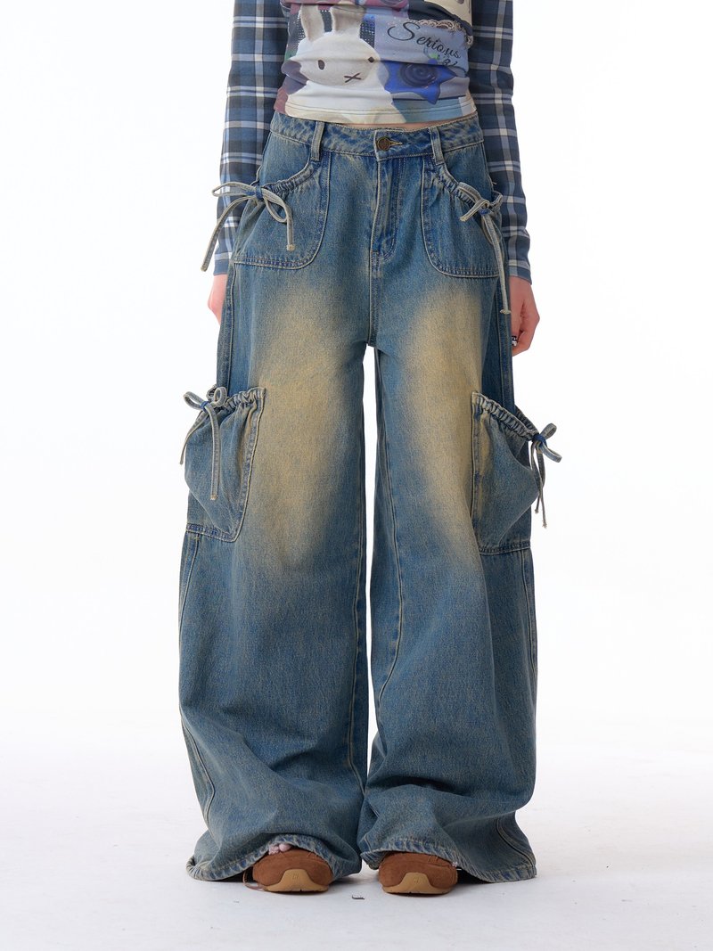 ziziFei设计感美式多口袋蝴蝶结高腰显瘦直筒阔腿工装牛仔长裤女 - 女装长裤 - 其他材质 蓝色